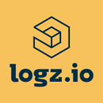 Logz.io logo. Blue open block with Logz.io in blue text, on orange background